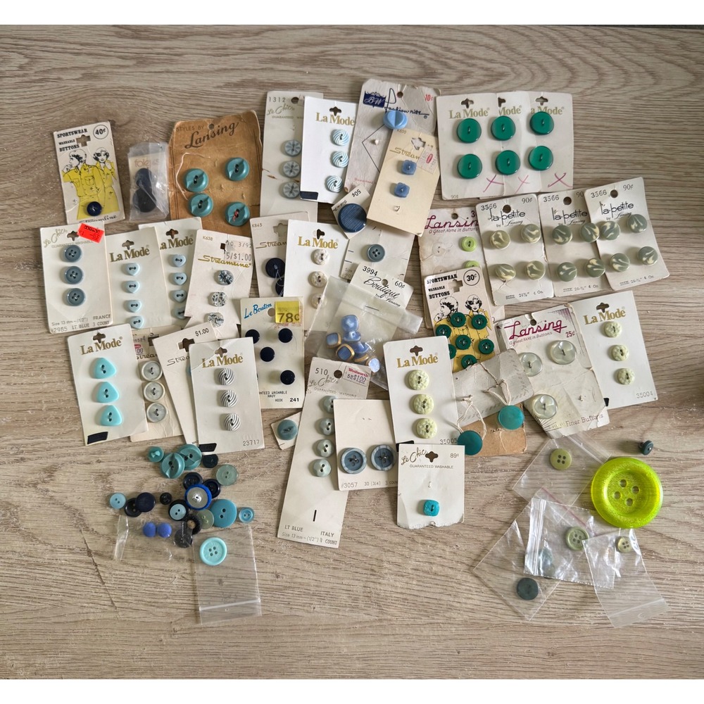 Vintage Button Lot - Blue and Green - La Mode, Le Chic, Lansing - 100+ Pieces